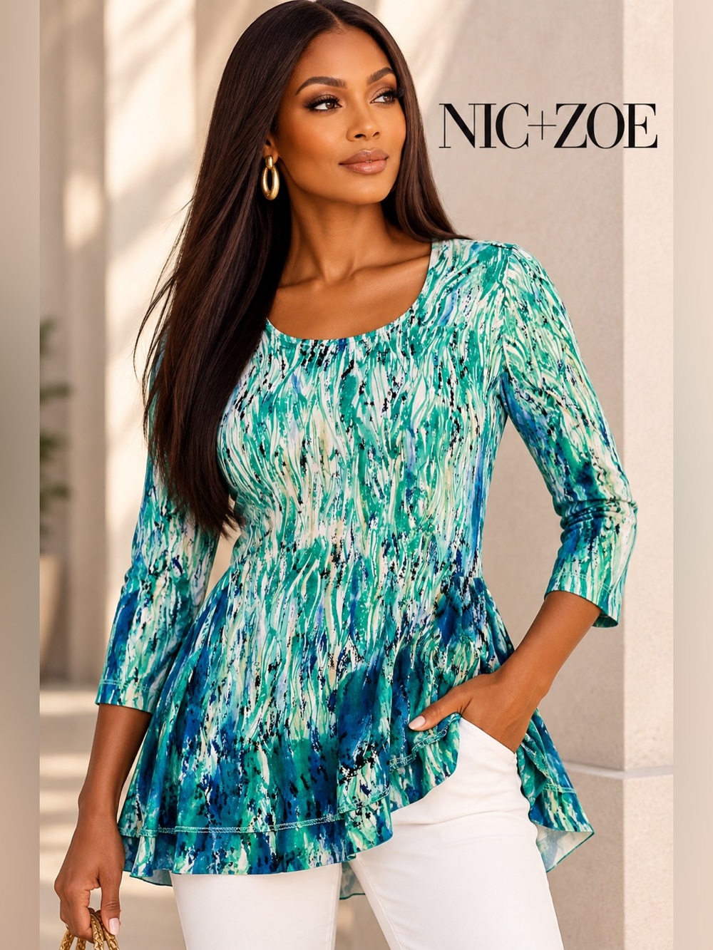 NIC+ZOE Watercolor Abstract Peplum Tunic Blouse Teal Blue Green Stretch Chic L